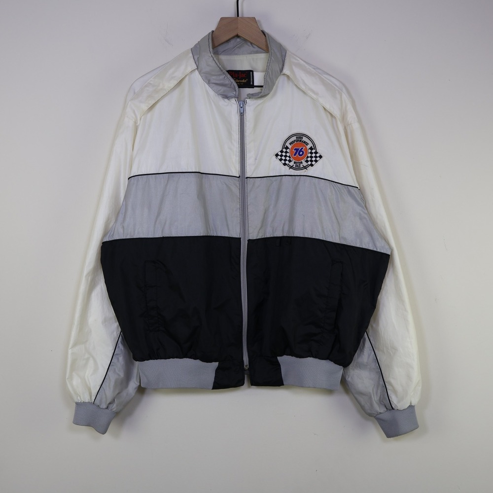 Vintage 80s Pla-Jac 76 Motor Oils Racing Bomber Jacket XL White Grey Black USA